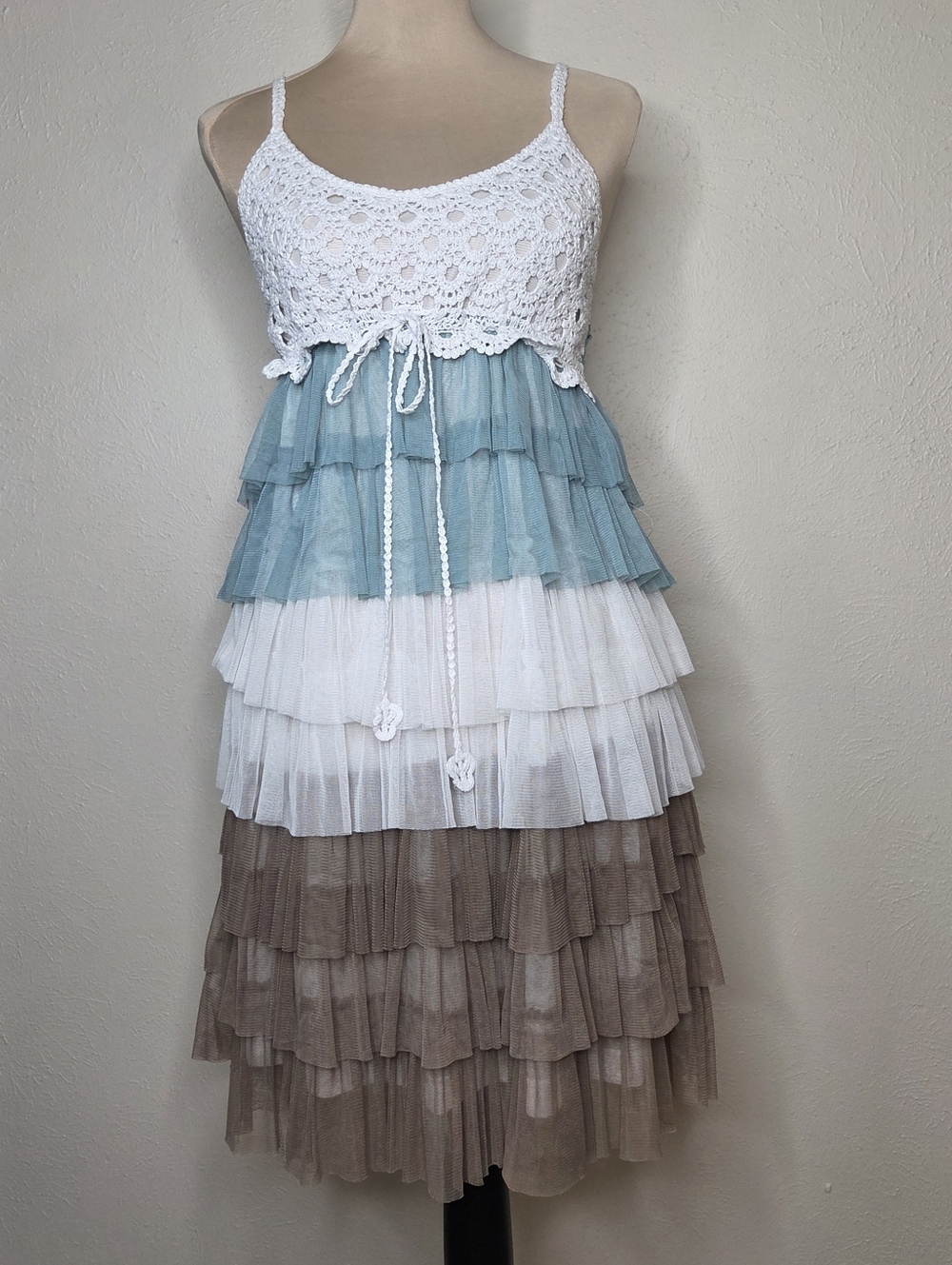 Keren Hart Crochet Tiered Mesh Dress Boho Cottagecore Coastal Cowgirl Sundress